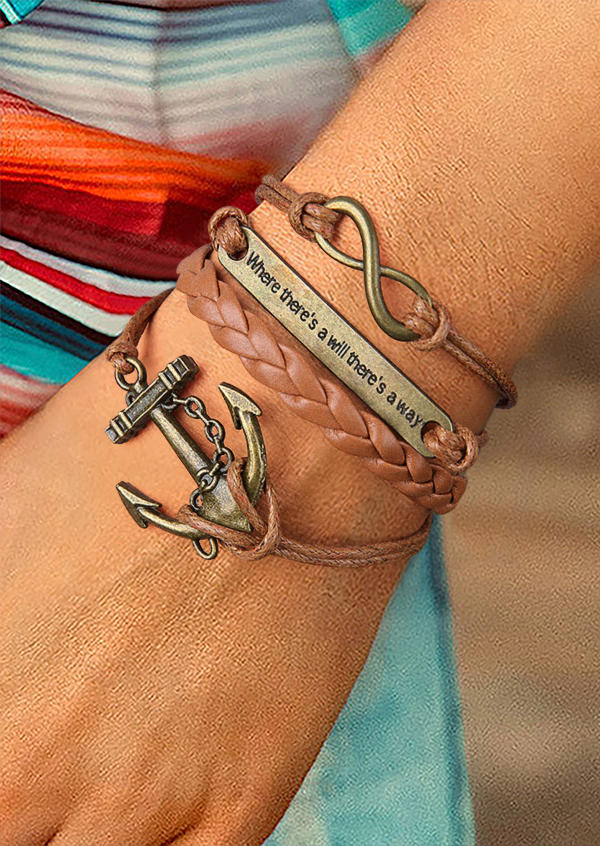 

Vintage Anchor Braided Multi-Layered Bracelet, Brown, SCM004779