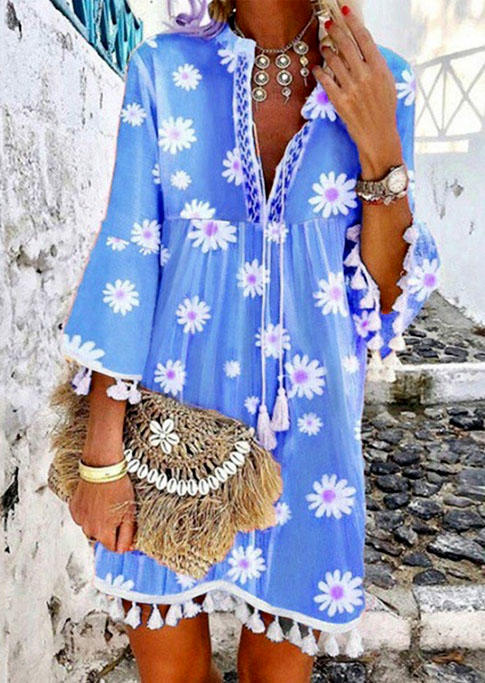

Daisy Tassel Three Quarter Sleeve Mini Dress - Blue, SCM004852