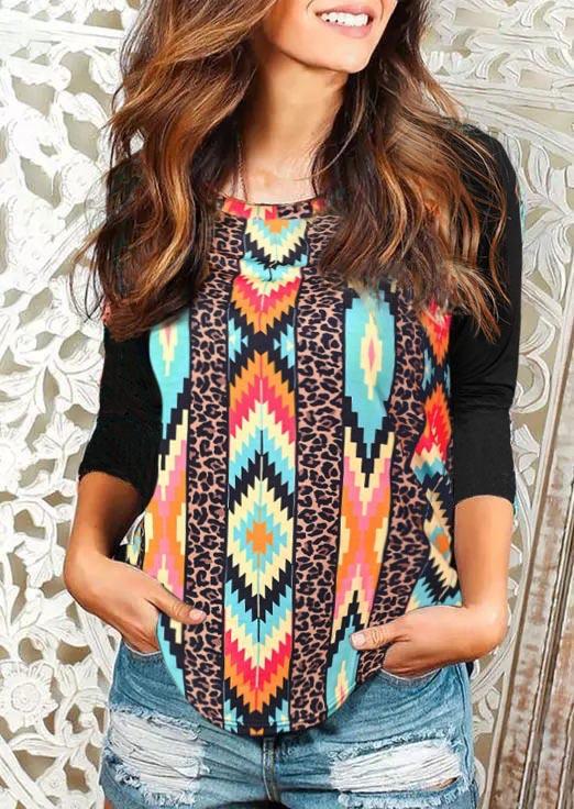 

Aztec Geometric Leopard O-Neck Blouse, Multicolor, SCM004678