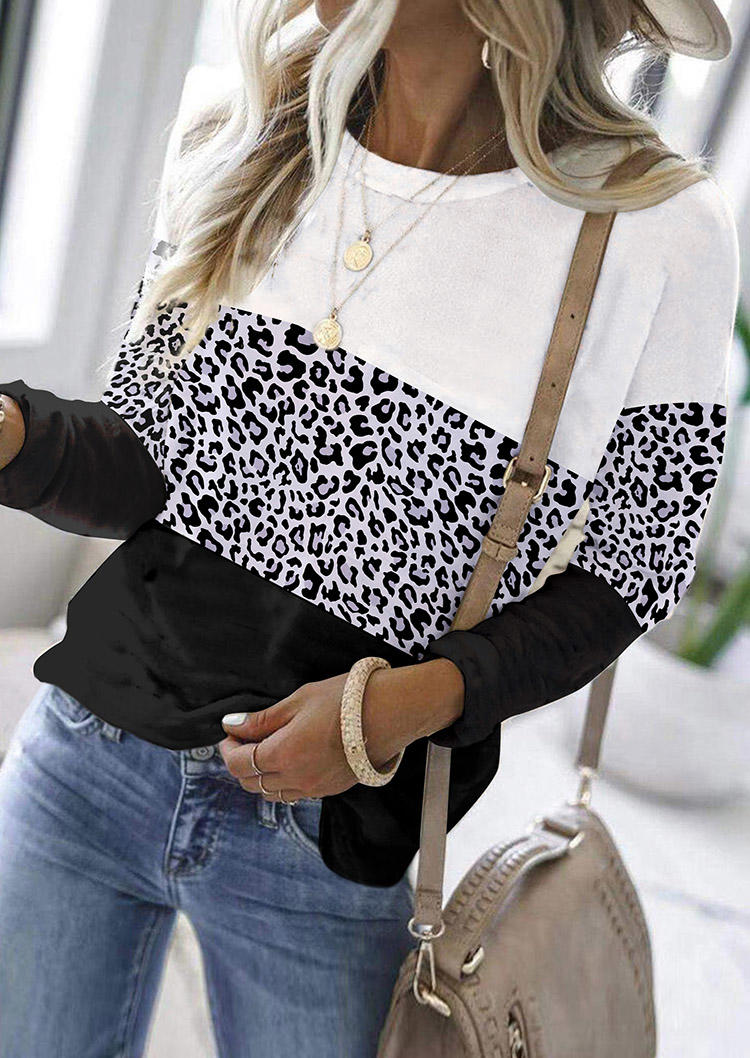 

Leopard Color Block Long Sleeve Blouse - Black, SCM004766