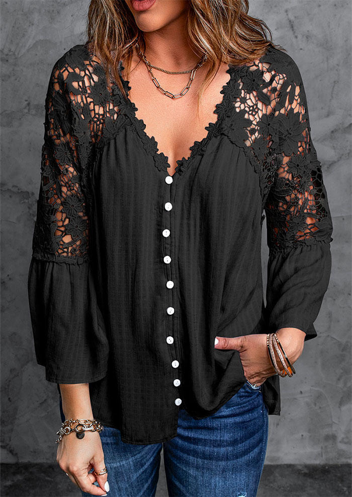 

Lace Splicing Button V-Neck Blouse - Black, SCM004812