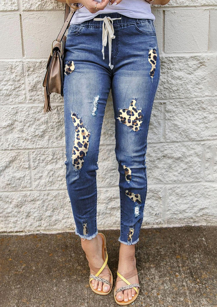 

Leopard Ripped Patch Drawstring Skinny Jeans - Blue, SCM004869