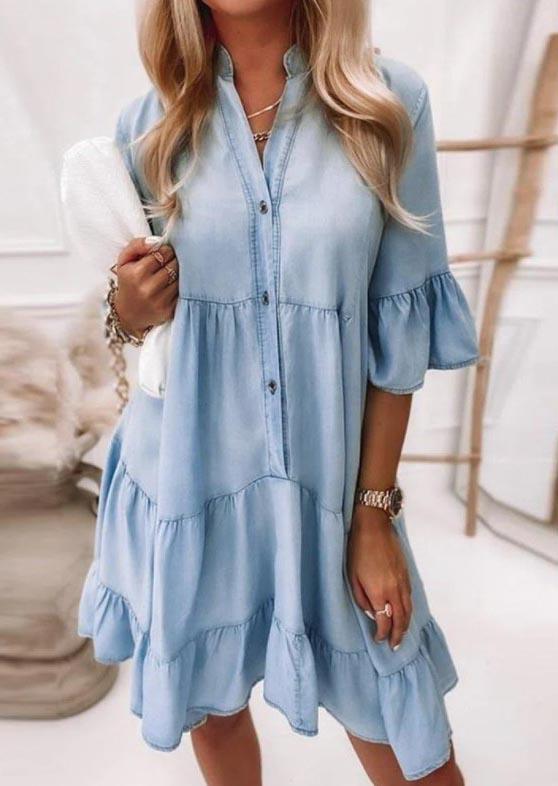 

Ruffled Button Denim Half Sleeve Mini Dress - Blue, SCM004877
