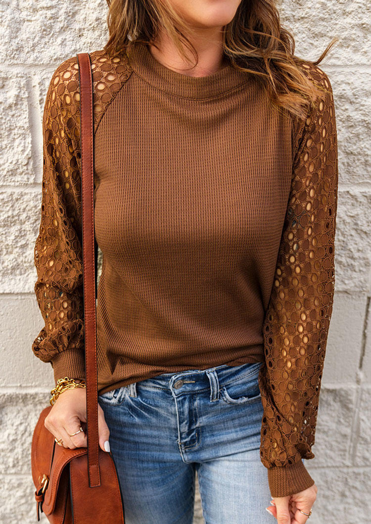 Lace Splicing Hollow Out Raglan Sleeve Blouse - Brown