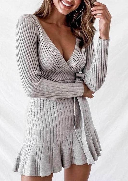 

Ruffled Wrap Ribbed Long Sleeve Mini Dress With Belt - Gray, SCM004933