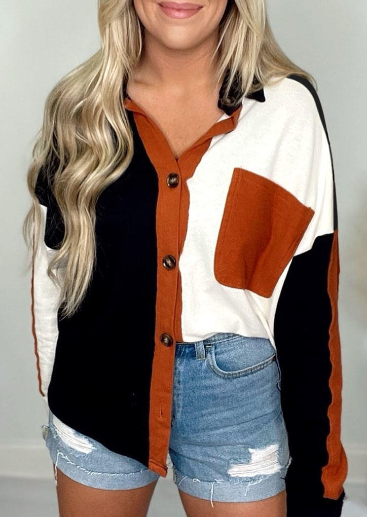 

Color Block Button Pocket Long Sleeve Shirt, Multicolor, SCM004989
