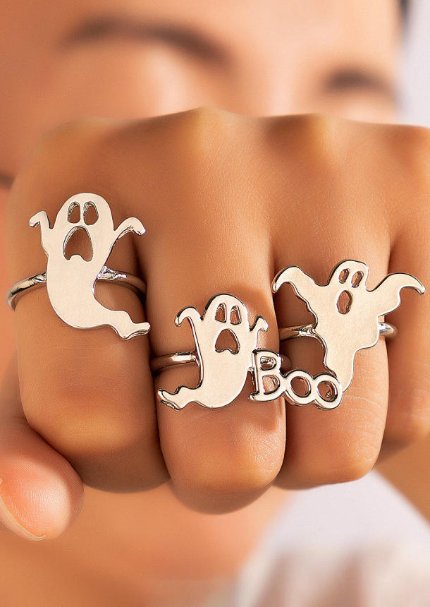 

3Pcs Halloween Boo Ghost Alloy Ring Set, Silver, SCM004178