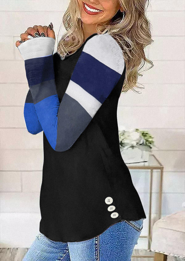 

Color Block Button Long Sleeve V-Neck Blouse - Black, SCM004504