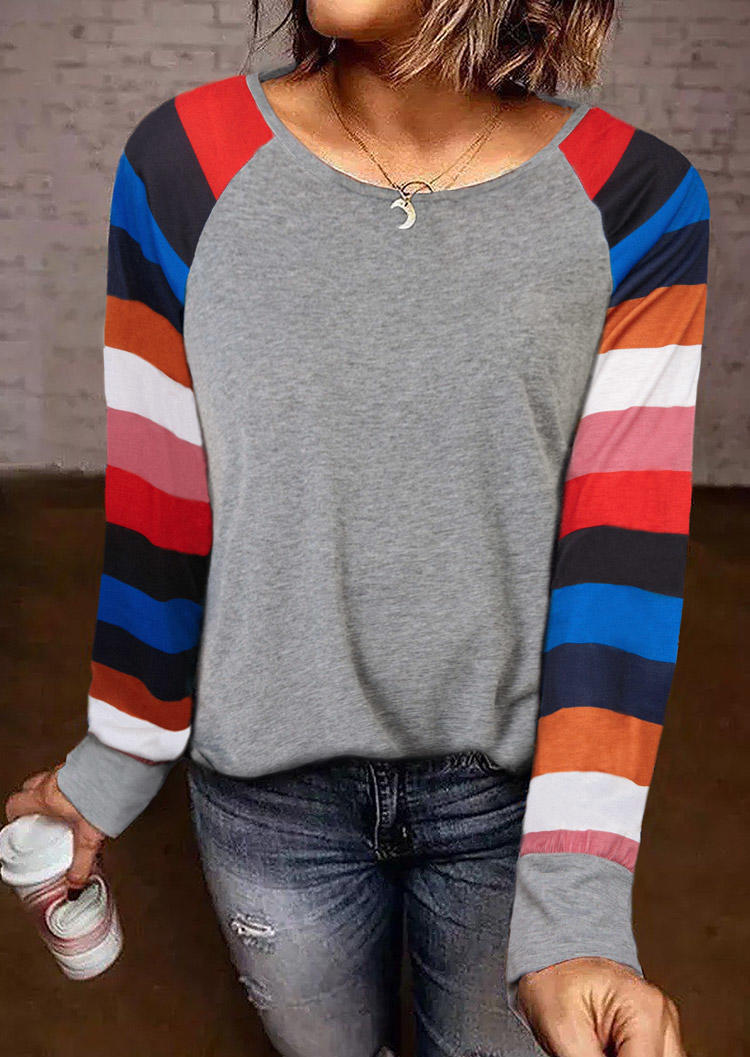 

Colorful Striped Raglan Sleeve Blouse - Gray, SCM004637