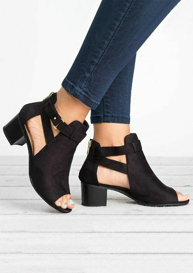 Zipper Peep Toe Square Heel Sandals - Black