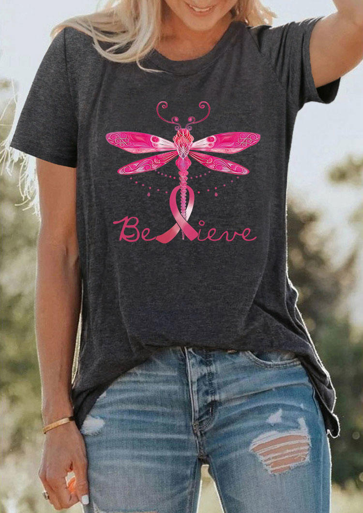 

Breast Cancer Awareness Believe Dragonfly T-Shirt Tee - Dark Grey, Gray, SCM004821