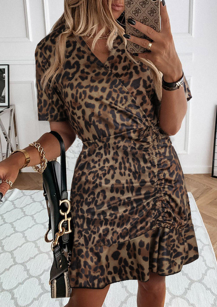 

Leopard Ruched V-Neck Mini Dress, SCM004853