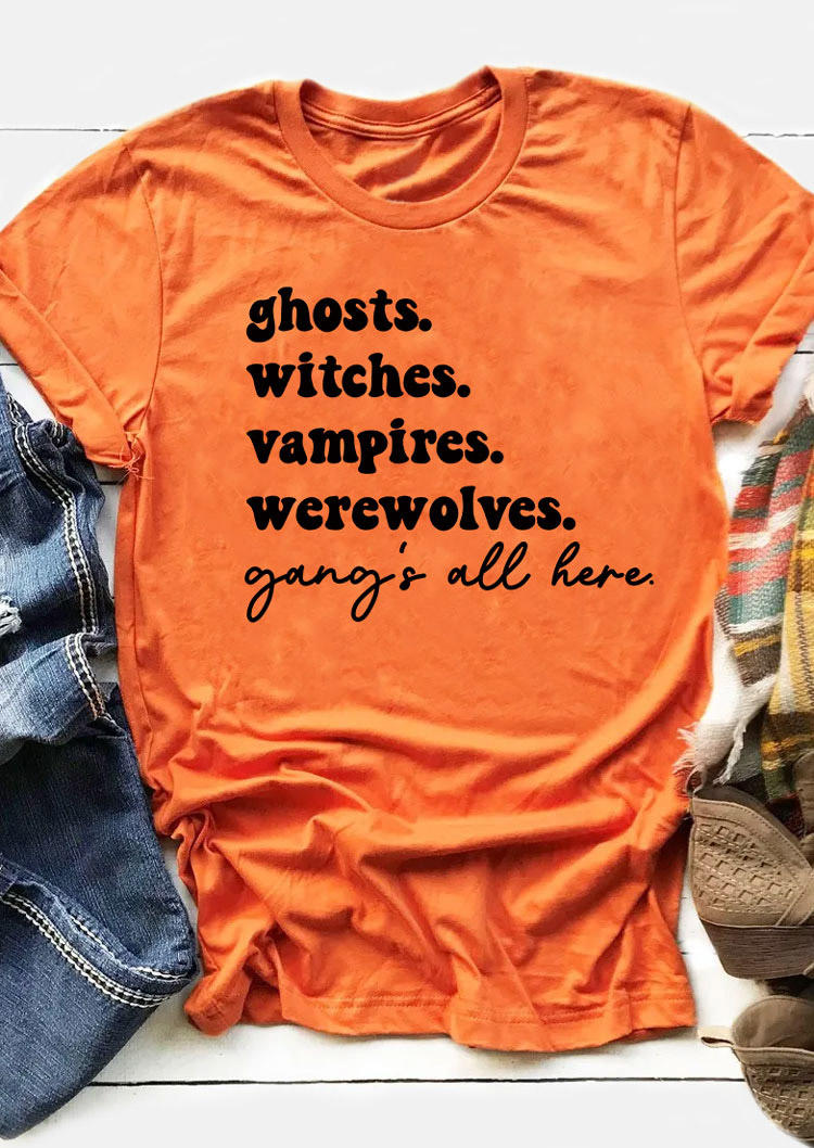 

Halloween Ghosts Witches Vampires Werewolves Gang' All Here T-Shirt Tee - Orange, SCM004892