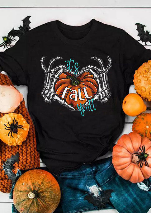 Halloween It's Fall Y'all Pumpkin Skeleton Hand Heart T-Shirt Tee - Black