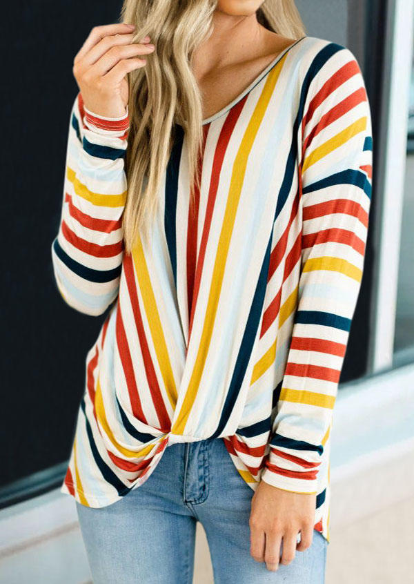 Colorful Striped Twist Long Sleeve Blouse