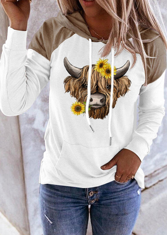 

Highland Cattle Sunflower Kangaroo Pocket Hoodie - White, SCM005013