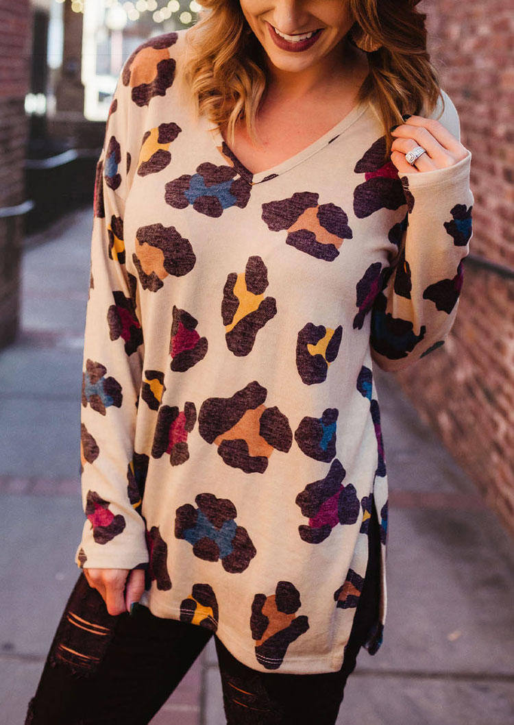 

Colorful Leopard Slit Long Sleeve Blouse, Multicolor, SCM005044