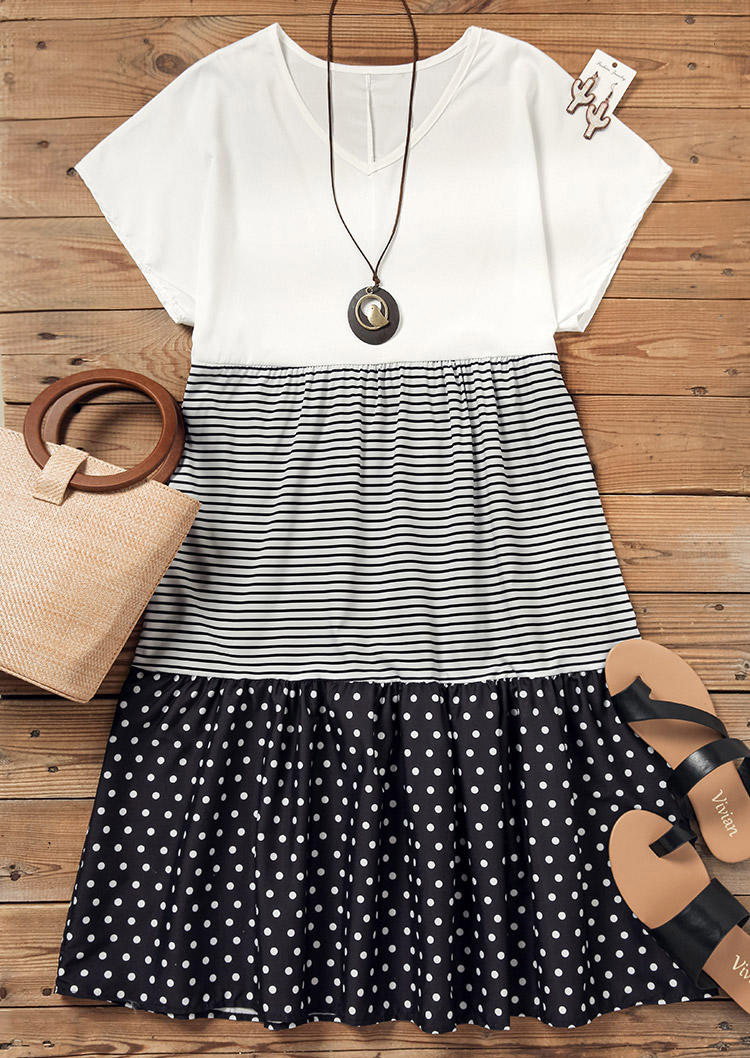 Polka Dot Striped V-Neck Mini Dress