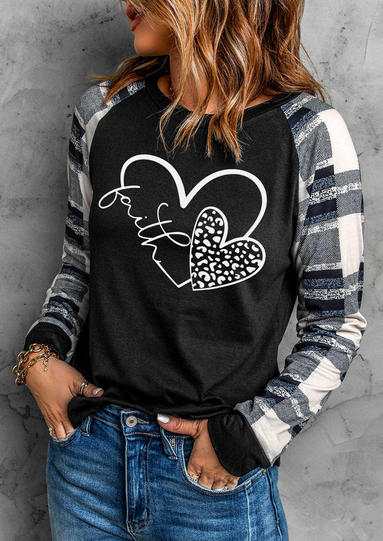 

Faith Leopard Heart Long Sleeve O-Neck T-Shirt Tee - Black, SCM004625