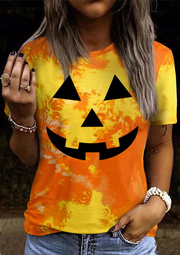 Halloween Pumpkin Face Tie Dye T-Shirt Tee - Orange