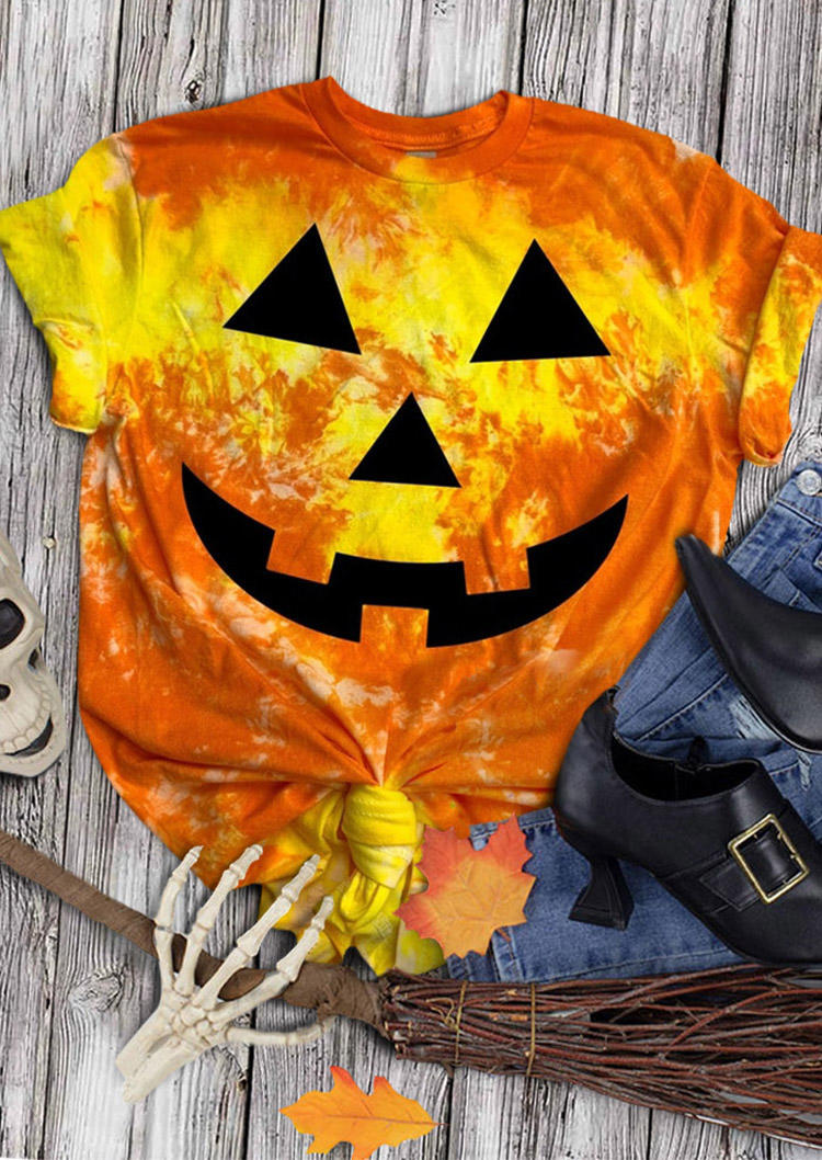 

Halloween Pumpkin Face Tie Dye T-Shirt Tee - Orange, SCM004714