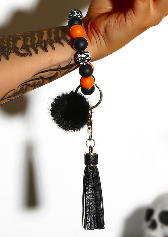 

Halloween Skull Tassel Beading Keychain Bracelet, Orange, SCM004721
