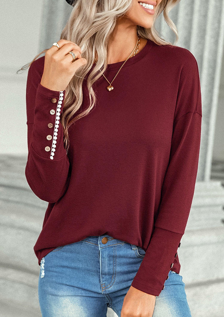 

Lace Splicing Button O-Neck Blouse - Burgundy, Red, SCM004742