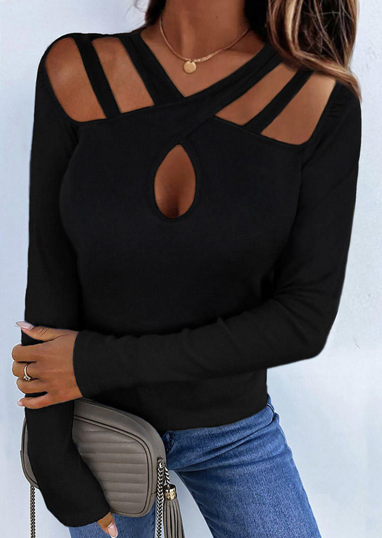

Hollow Out Criss-Cross Long Sleeve Blouse - Black, SCM004751