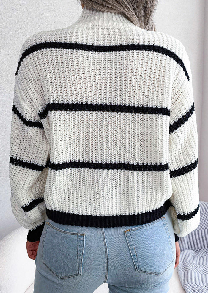 Striped Turtleneck Long Sleeve Sweater - White