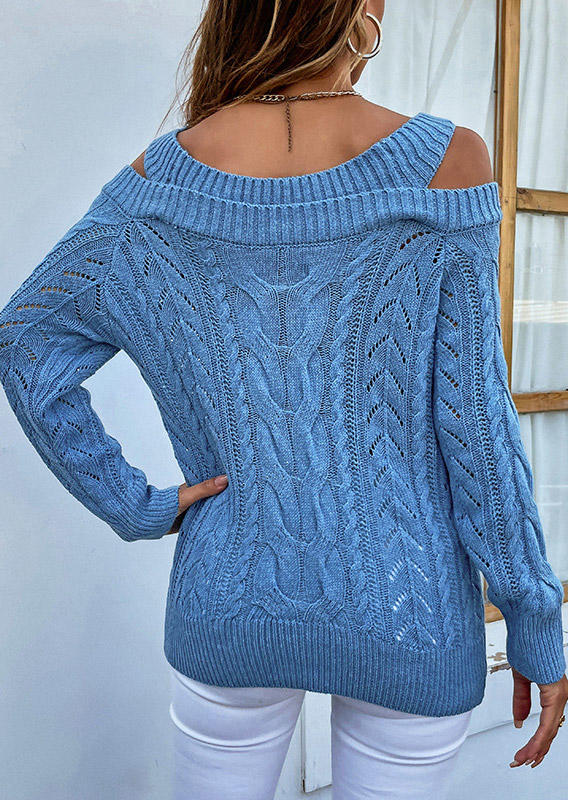 Knitted Cold Shoulder Long Sleeve Sweater - Sky Blue
