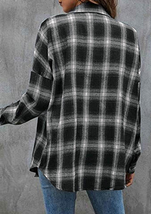 Plaid Pocket Button Long Sleeve Shirt - Black