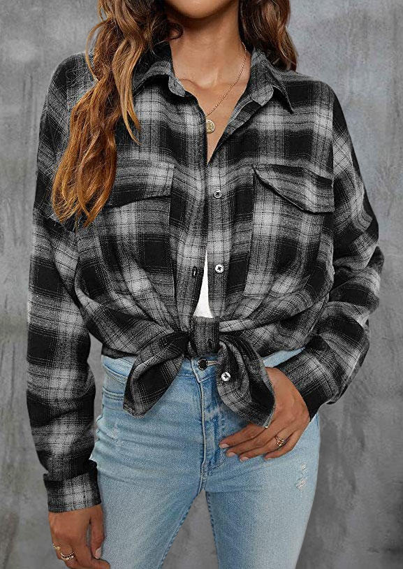 

Plaid Pocket Button Long Sleeve Shirt - Black, SCM004881