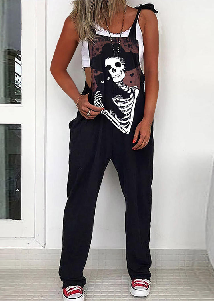 

Halloween Skeleton Pocket Tie Overall Jumpsuit - Black, SCM004905