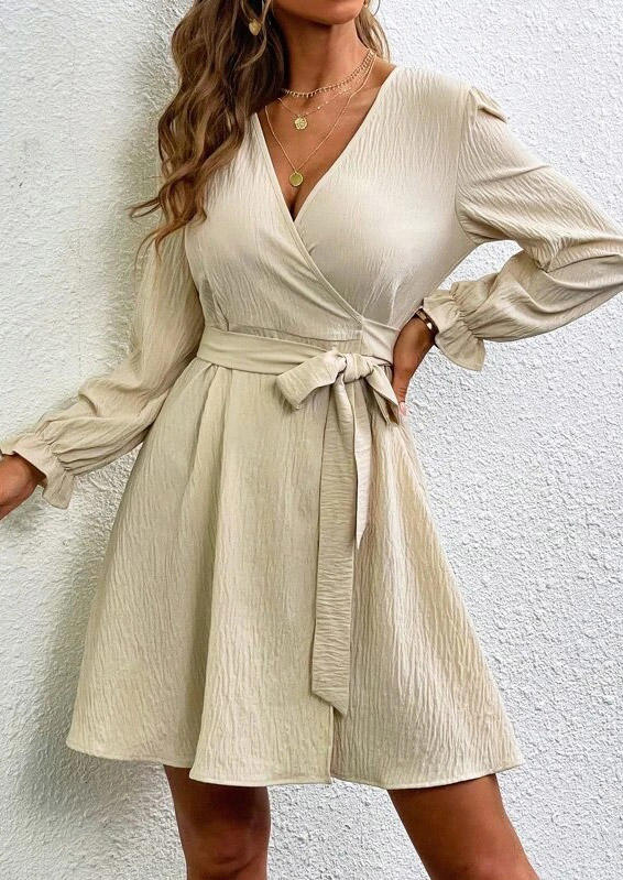 

Wrap V-Neck Long Sleeve Mini Dress - Beige, Apricot, SCM004958
