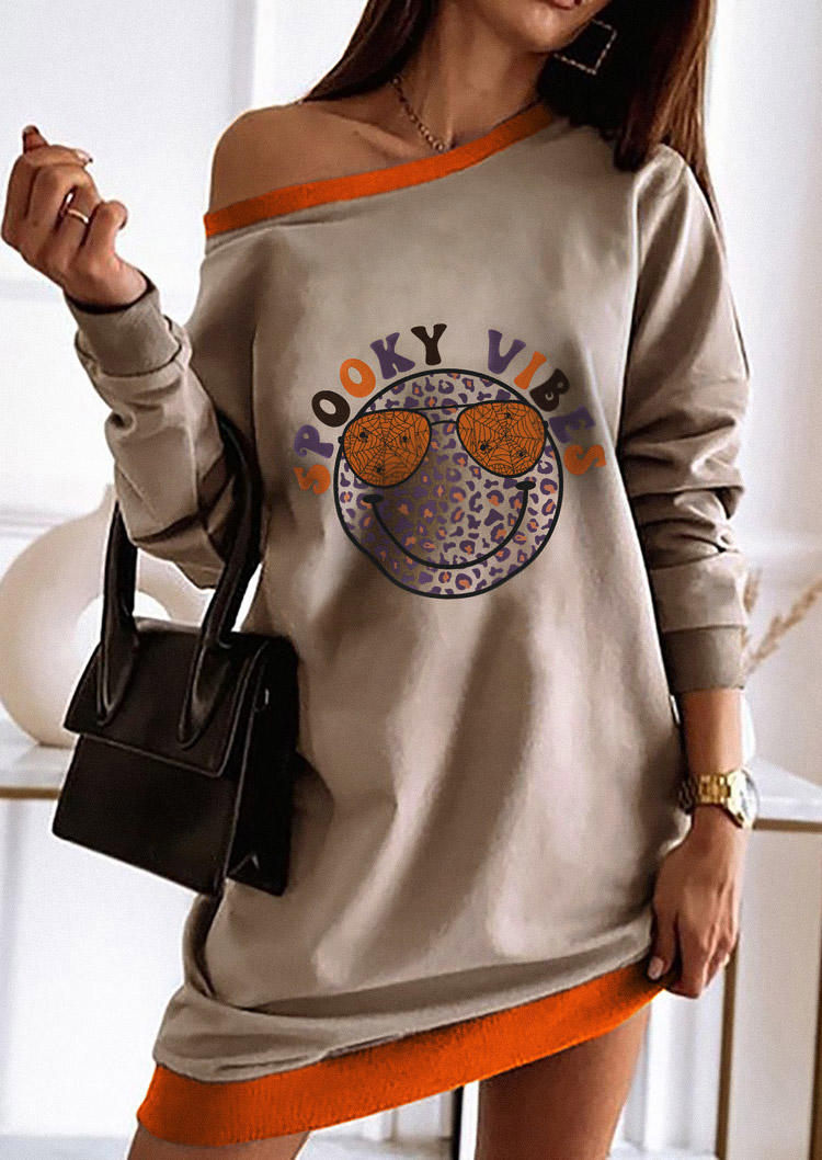 Halloween  Spooky Vibes Leopard Smiley Mini Sweatshirt Dress - Gray