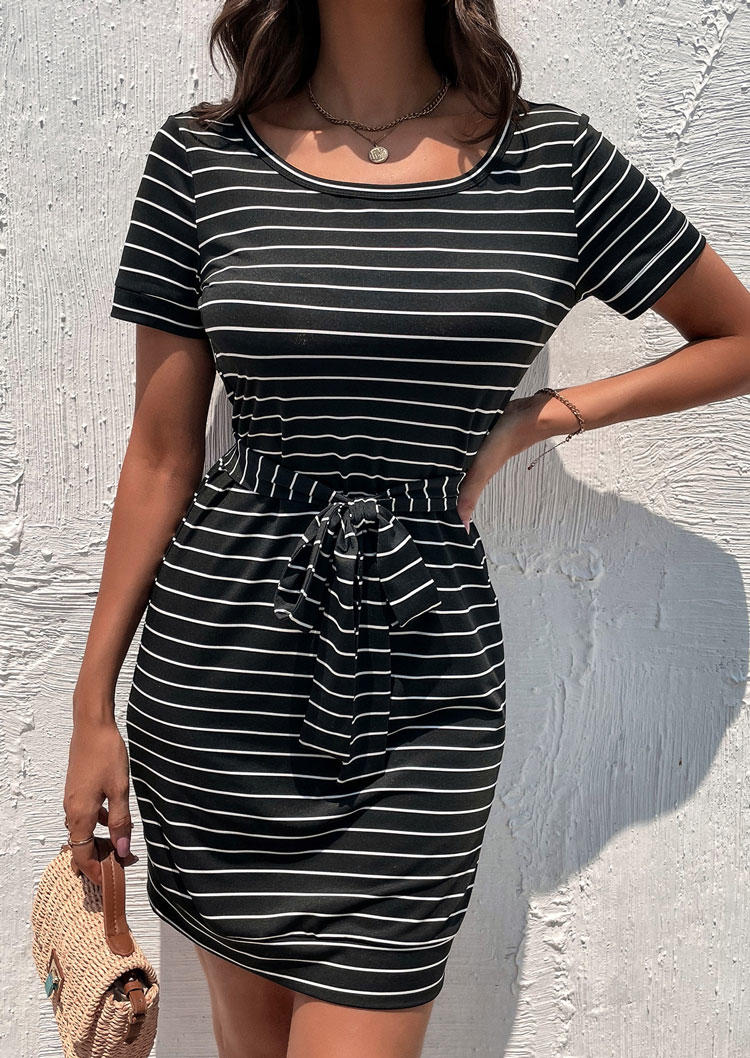 

Striped Short Sleeve Tie O-Neck Mini Dress - Black, SCM005001