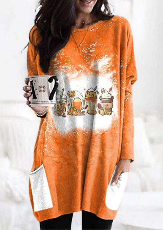 Thanksgiving Pumpkin Drink Pocket Bleached Mini Dress - Orange