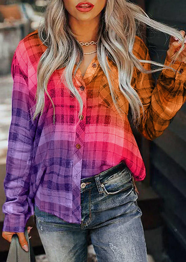 

Gradient Plaid Button Turn-Down Collar Shirt, Multicolor, SCM005078