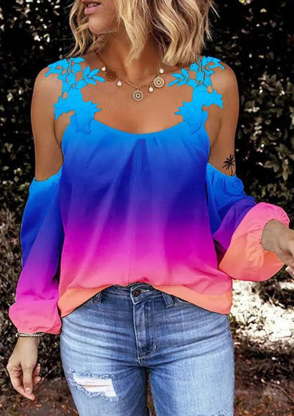 

Gradient Lace Splicing Cold Shoulder Blouse, Multicolor, SCM005081