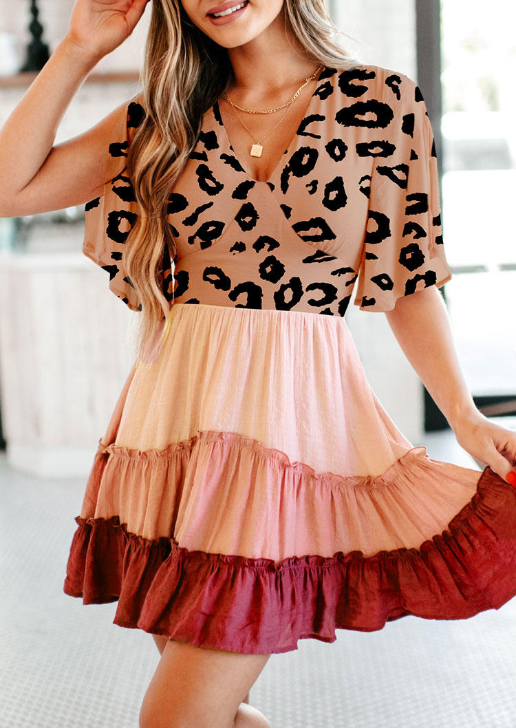 

Leopard Color Block Ruffled Mini Dress, Multicolor, SCM005107