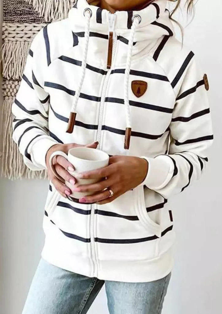 

Striped Pocket Long Sleeve Hoodie - White, FZ003409