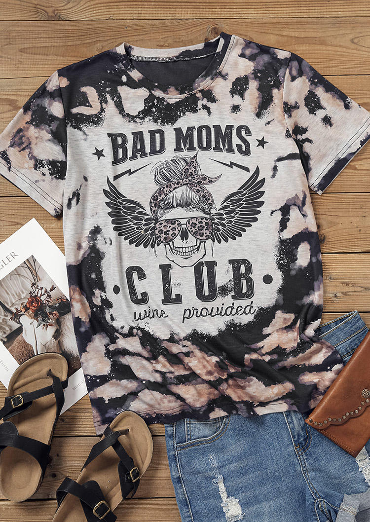 Bad Moms Club Wine Provided Skull Leopard Bleached T-Shirt Tee