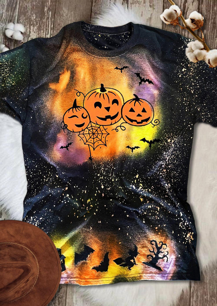 

Pumpkin Face Bat Bleached T-Shirt Tee, Multicolor, SCM004763