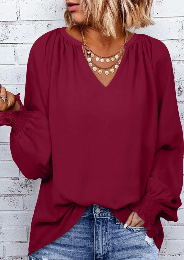 

Smocked Elastic Cuff Notched Neck Long Sleeve Blouse - Burgundy, Red, SCM004810