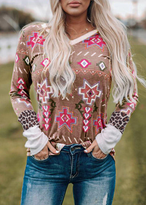

Aztec Geometric Leopard V-Neck Blouse, Multicolor, SCM004828