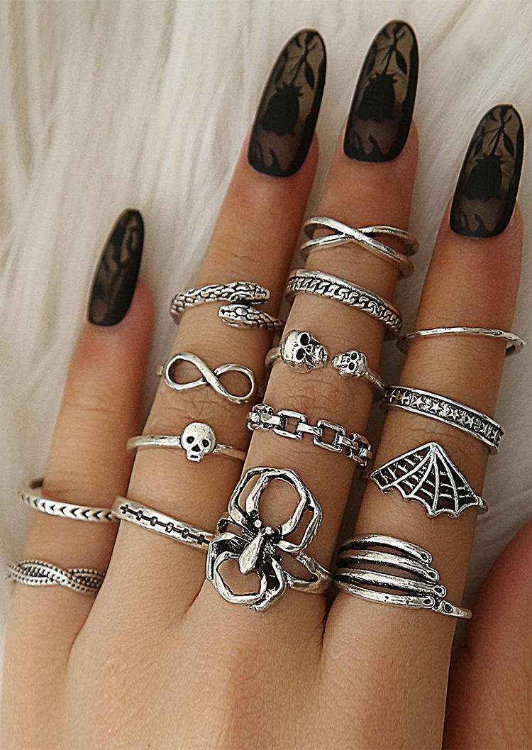 

15Pcs Skull Spider Snake Alloy Ring Set, Silver, SCM004875