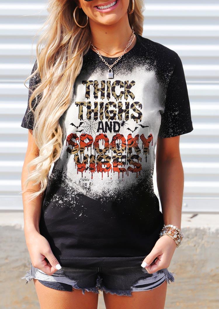 Halloween Thick Thighs And Spooky Vibes Bleached T-Shirt Tee - Black