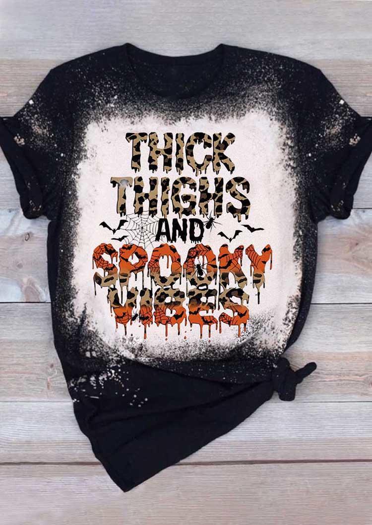 

Thick Thighs And Spooky Vibes Bleached T-Shirt Tee - Black, SCM004889