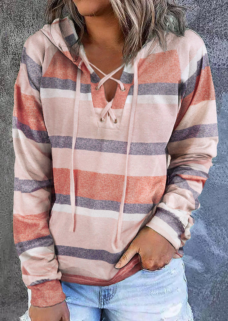 

Striped Lace Up Long Sleeve Hoodie, Multicolor, SCM004904
