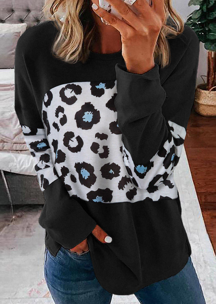 Leopard Color Block Long Sleeve Blouse - Black